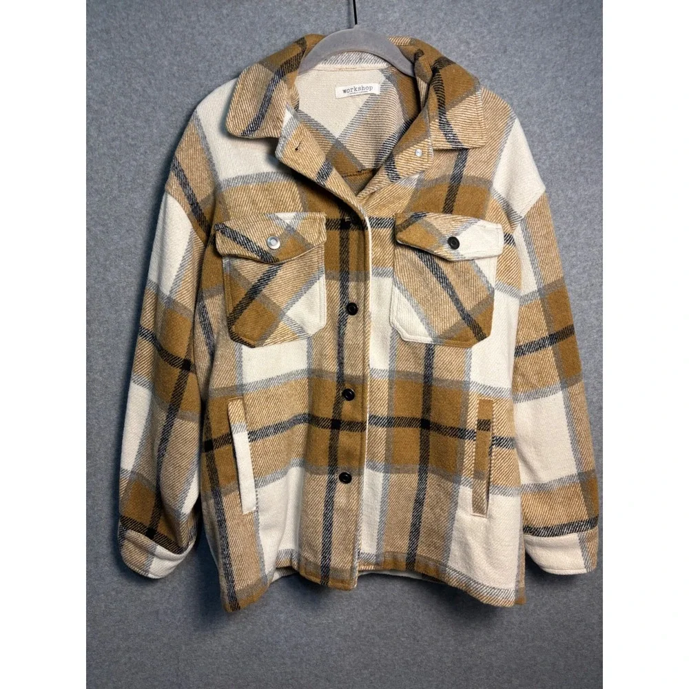 Workshop Plaid Shacket Jacket M Oversized Snap Front Cozy Fall Cabincore Coat